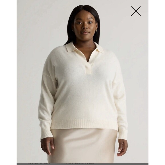 New QUINCE 100% Mongolian Cashmere Polo Sweater Ivory Long Sleeve Women Plus 1X - Picture 1 of 8